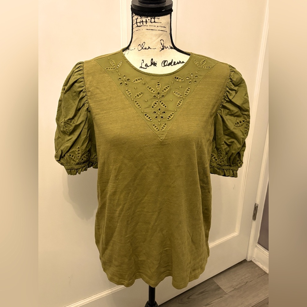LOFT Olive Green Eyelet Puff Sleeve Top